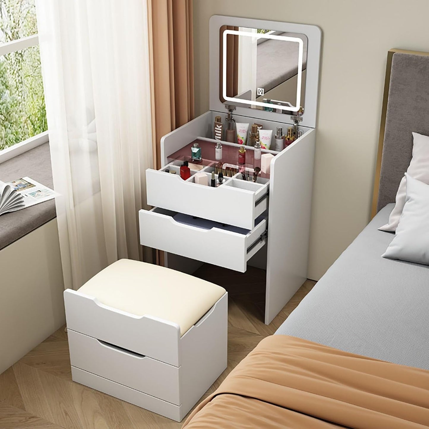 Toeletta 3-in-1 Salvaspazio con Specchio LED a Ribalta