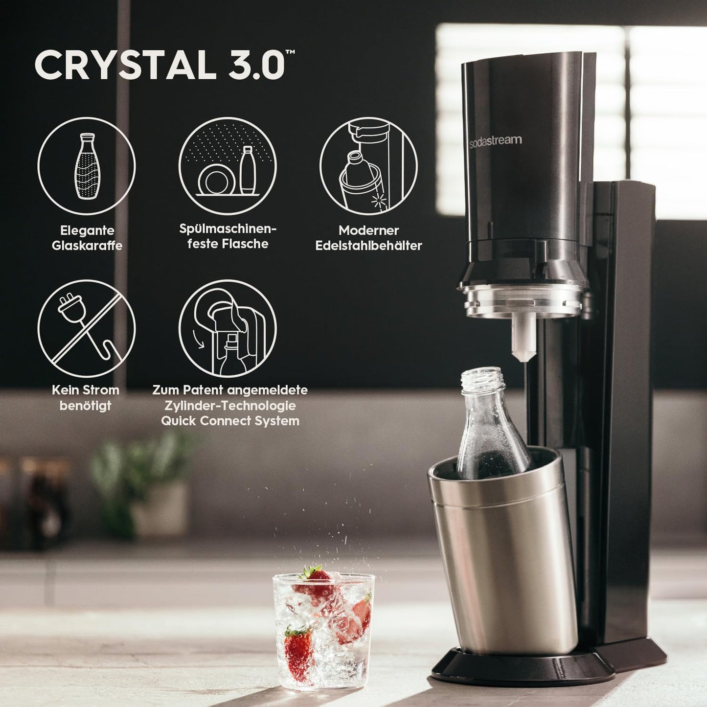 Crystal 3.0 Wassersprudler mit 1x Quick-Connect CO2-Zylinder und 2X Glaskaraffen, Silber, Schwarz, Titan, 45 cm