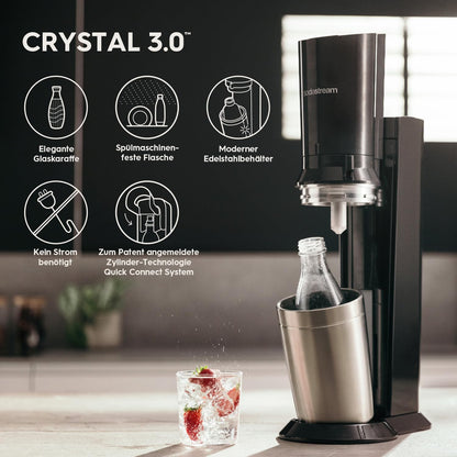 Crystal 3.0 Wassersprudler mit 1x Quick-Connect CO2-Zylinder und 2X Glaskaraffen, Silber, Schwarz, Titan, 45 cm