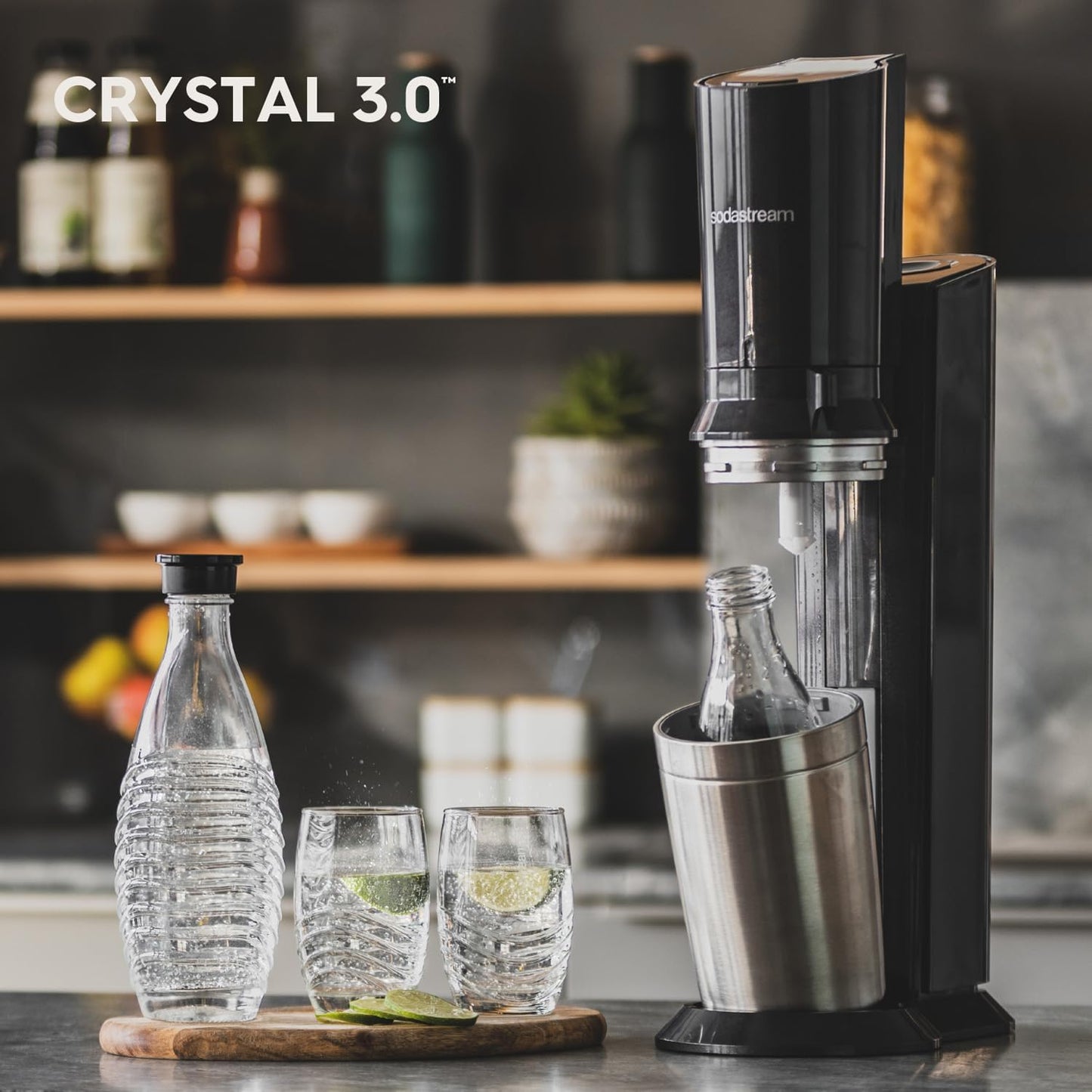 Crystal 3.0 Wassersprudler mit 1x Quick-Connect CO2-Zylinder und 2X Glaskaraffen, Silber, Schwarz, Titan, 45 cm